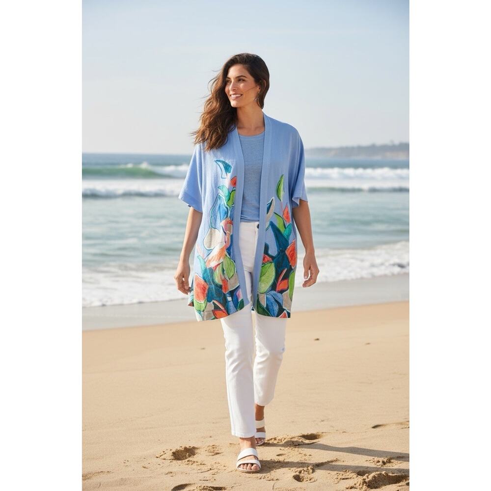 Chico’s Hello Flamingo Drama Ruana Kimono S/M Wisteria Blue Open Jacket Pockets